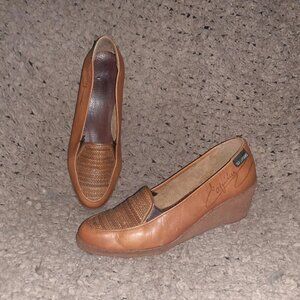 Vintage TED LAPIDUS-Brown Leather-Woven Patterned Wedges-Sz 7-Excellent